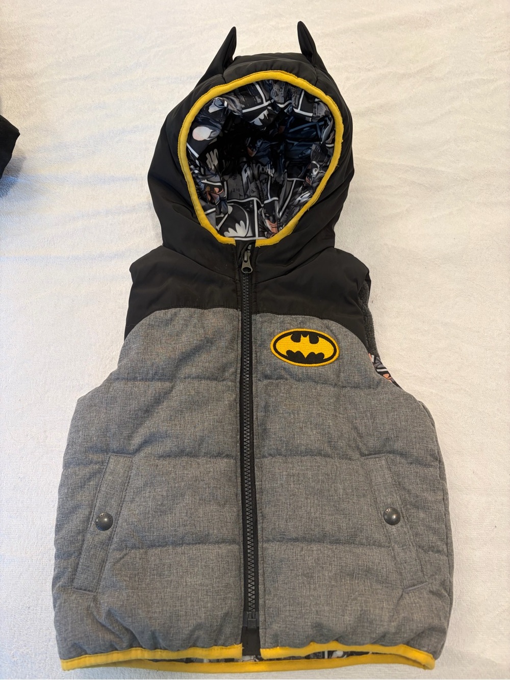 GAP Kids Batman Gray, Black & Yellow Puffer Vest with Hood